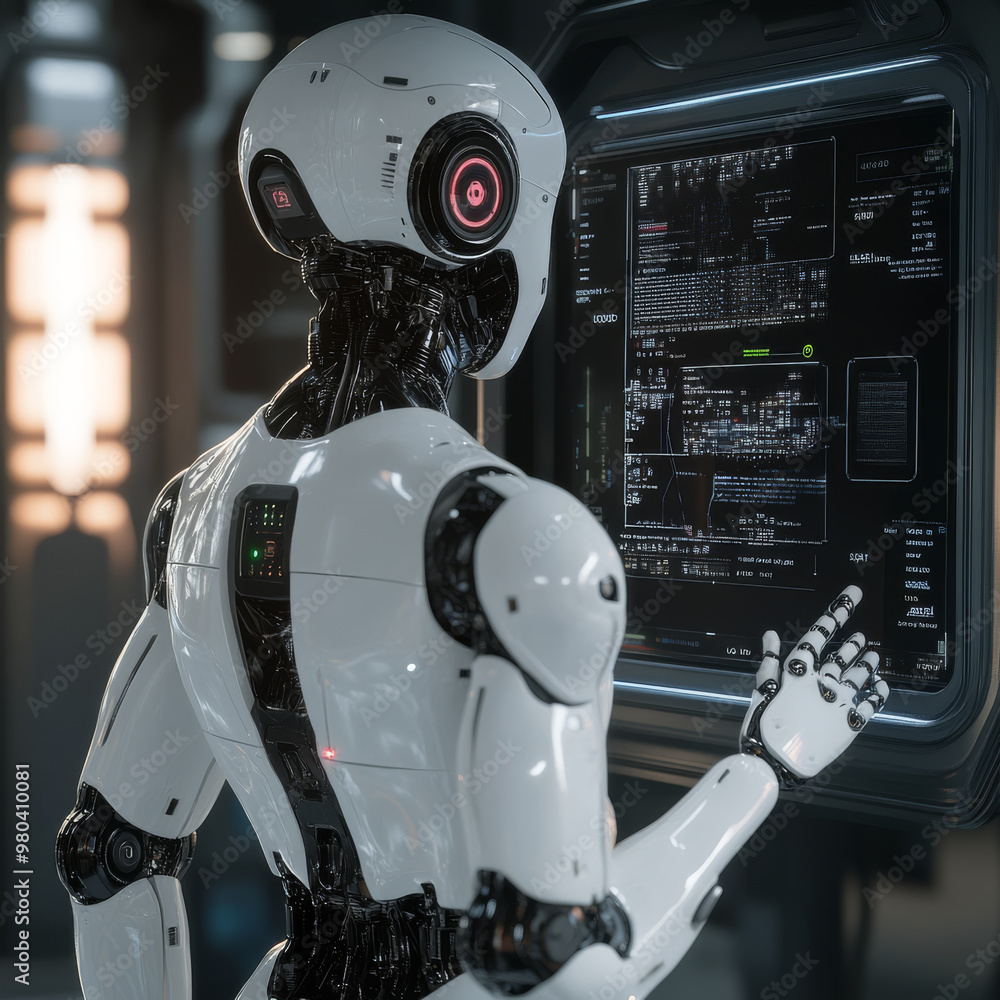 Poster a robot with ai stands with its back to the viewer, interacting with an industrial 3d virtual interf