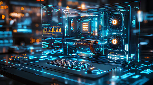 Futuristic Computer Workstation with Glowing Blue Neon Lights and Transparent Case