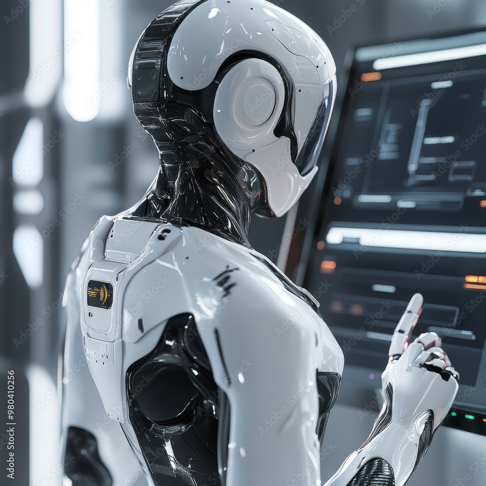 Poster a robot with ai stands with its back to the viewer, interacting with an industrial 3d virtual interf
