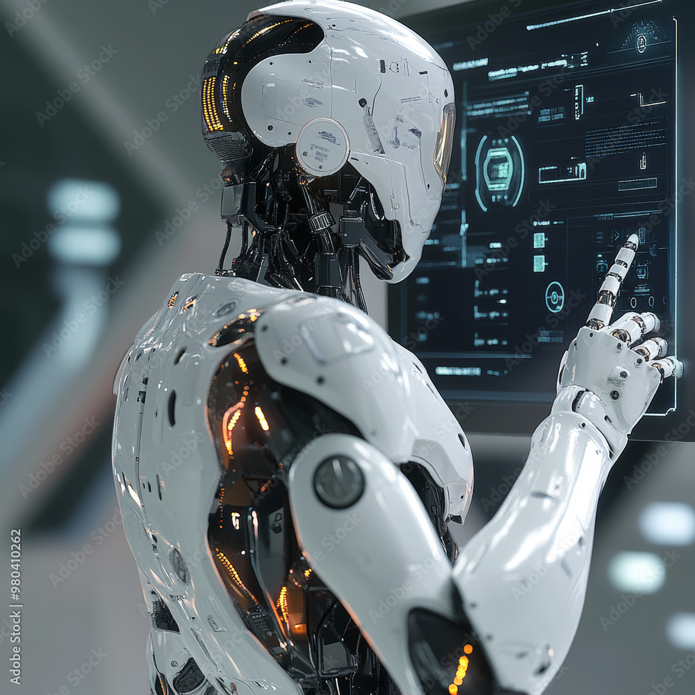 Poster a robot with ai stands with its back to the viewer, interacting with an industrial 3d virtual interf