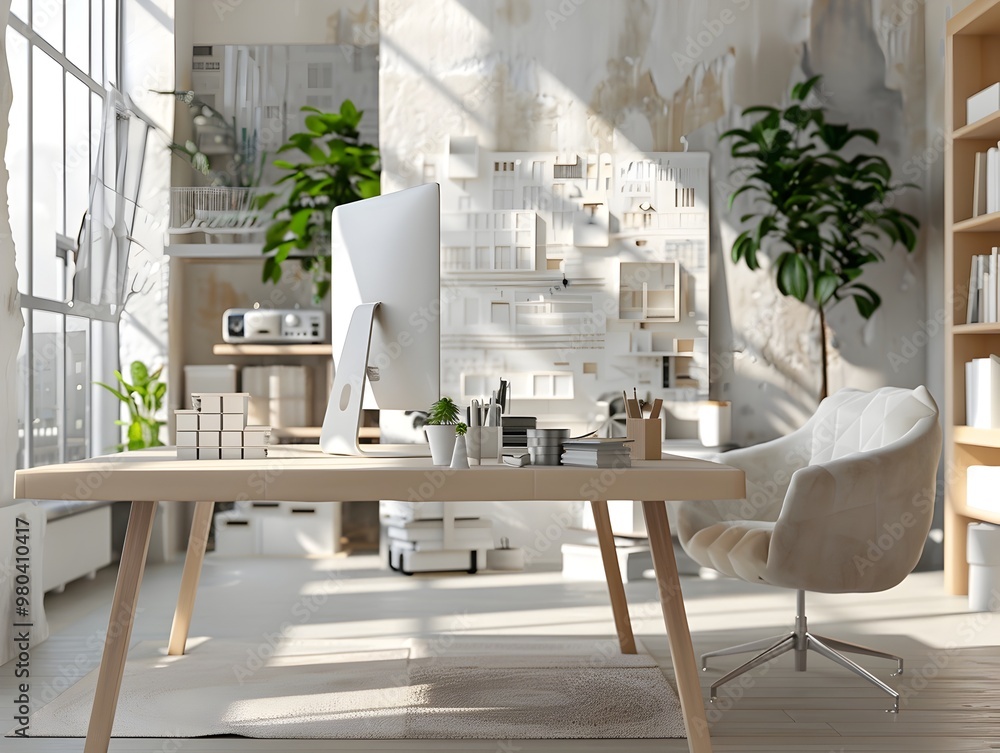 Poster sleek and modern virtual architectural workspace with tools and 3d models