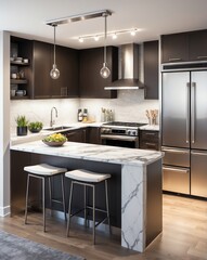 Apartment kitchen with small island and stainless steel appliances