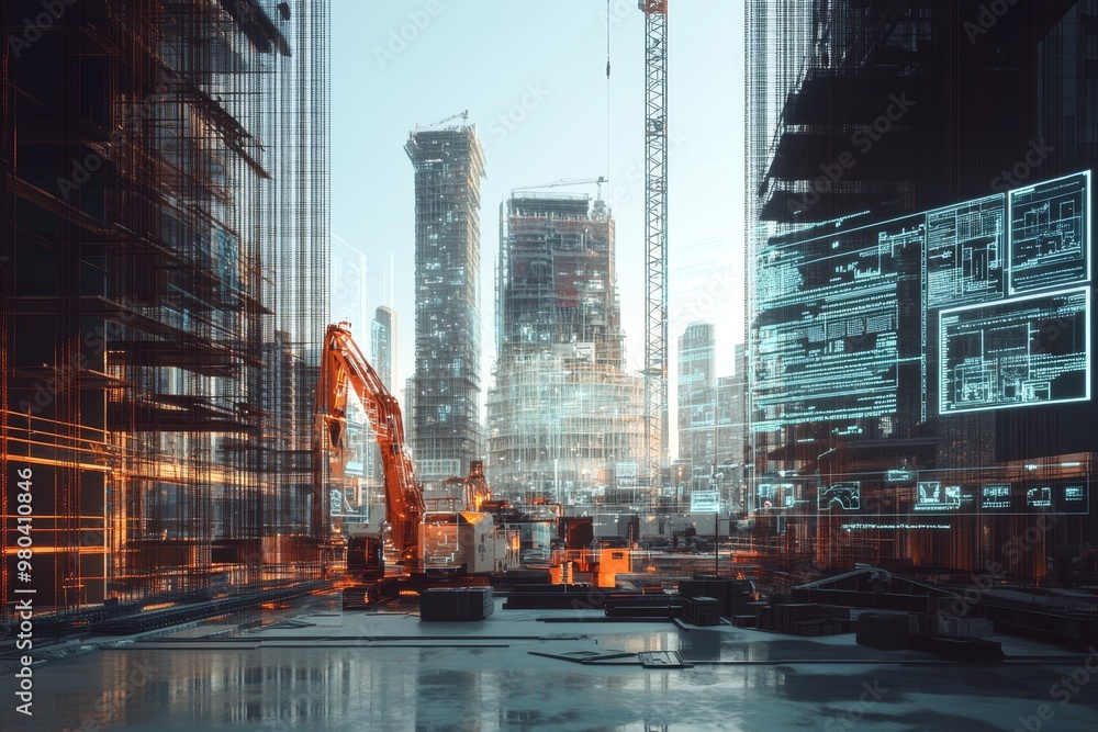 Aufkleber futuristic construction site with holographic data and ai tools enhancing modern engineering design
