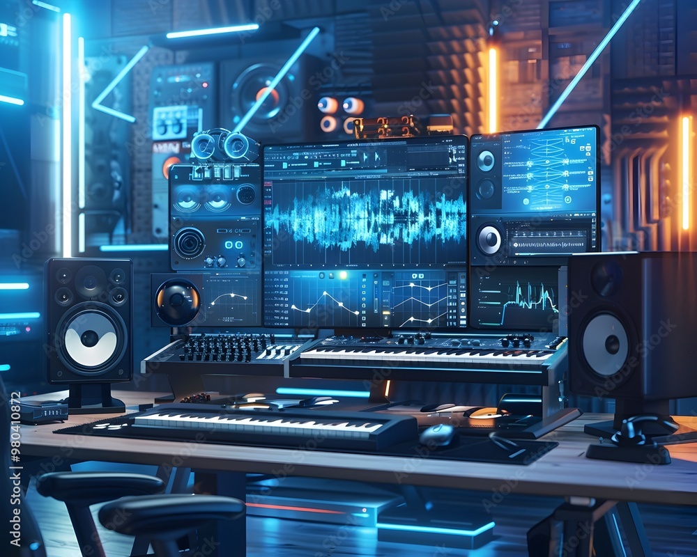 Poster cutting edge virtual music production workspace with interactive editing and tools