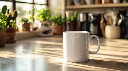 Fototapeta premium White Mug on Wooden Table with Sunlight and Plants in Background