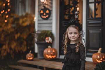 Fototapeta premium little girl in black halloween dress near decorated house with pumpkins