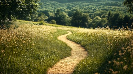 Obraz premium Winding Path Through Lush Green Meadow with Forest in Background