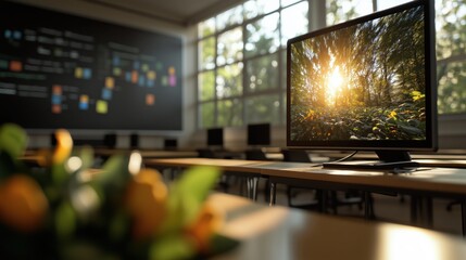 Fototapeta premium Ambient computing in classroom setting with natural light for inspirational learning spaces