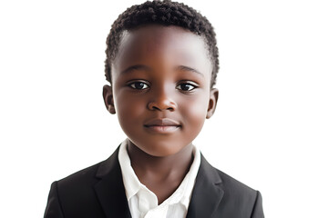 A close-up portrait of an African small boy in elegant suit with black skin against a white background