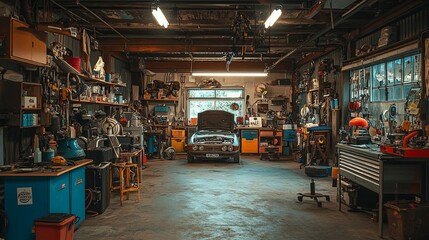 Classic Car in a Cluttered Garage Workshop