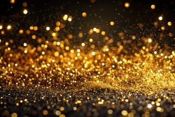 Naklejka premium Luxurious gold glittering particles scattered across a sleek black background, creating a mesmerizing contrast of textures and a sense of opulent sophistication.