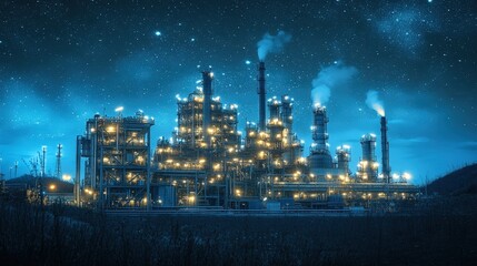 Naklejka premium nighttime view of an industrial plant with glowing lights and a starry sky