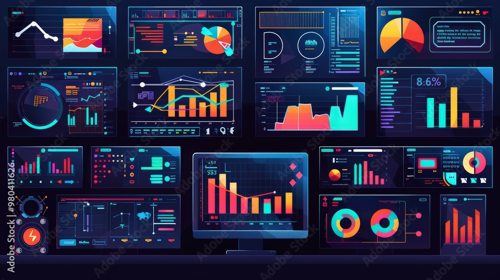 Poster illustration of various computer screens displaying data and graphs, with icons representing differe