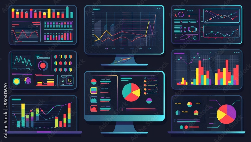 Poster illustration of various computer screens displaying data and graphs, with icons representing differe