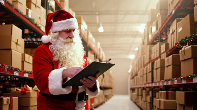 Santa Claus with a clipboard in his warehouse with Christmas presents. Santa's clipboard is filled with notes, as he prepares for the joyous journey ahead on Christmas Eve!