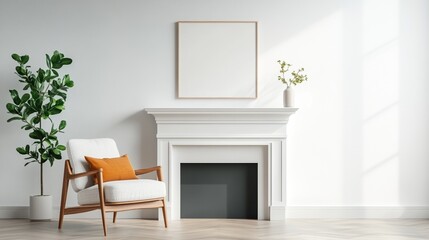 Fototapeta premium Bright and modern living room with a cozy chair, minimal decor, and a stylish fireplace featuring natural light.