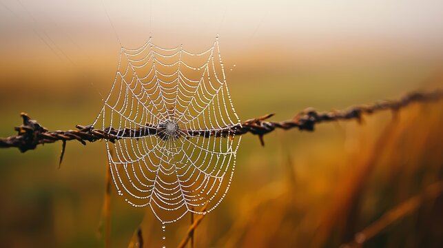 Dewy Spiderweb On Barbed Wire Fence At Sunrise