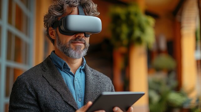 Man Experiencing Virtual Reality with Tablet