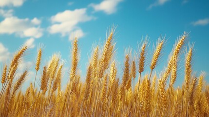 Fototapeta premium Golden Wheat Field Under Blue Sky with Clouds