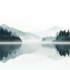 Fototapeta premium Serene landscape featuring misty mountains and calm water reflecting the beauty of nature in soft hues.