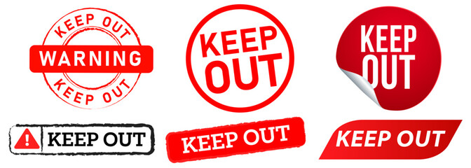 Keep out warning caution dangerous private area unauthorized disallowed stamp badge red sticker design set collection