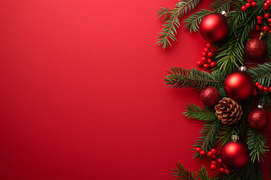 red christmas background with branch of christmas tree and baubles with copy space