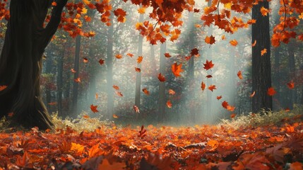 scene of a maple tree in autumn with leaves gently falling to the ground.