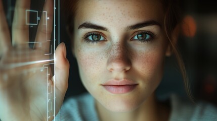 Businesswoman analyzing data on transparent screen for strategic insights