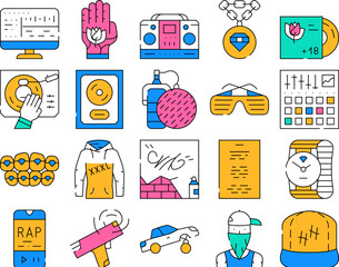 Hip Hop And Rap Music Collection Icons Set Vector. Hip Hop Gold Disc And Gangsta Rapper, Mesh Microphone Device And Tattoo, Clothes And Glasses color Contour Illustrations