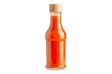 Closeup of Louisiana Sauce in glass bottle isolated on a white transparent background. Concept of food or culinary ingredient