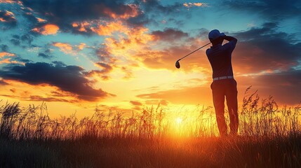 Silhouette of a Golfer Swinging at Sunset