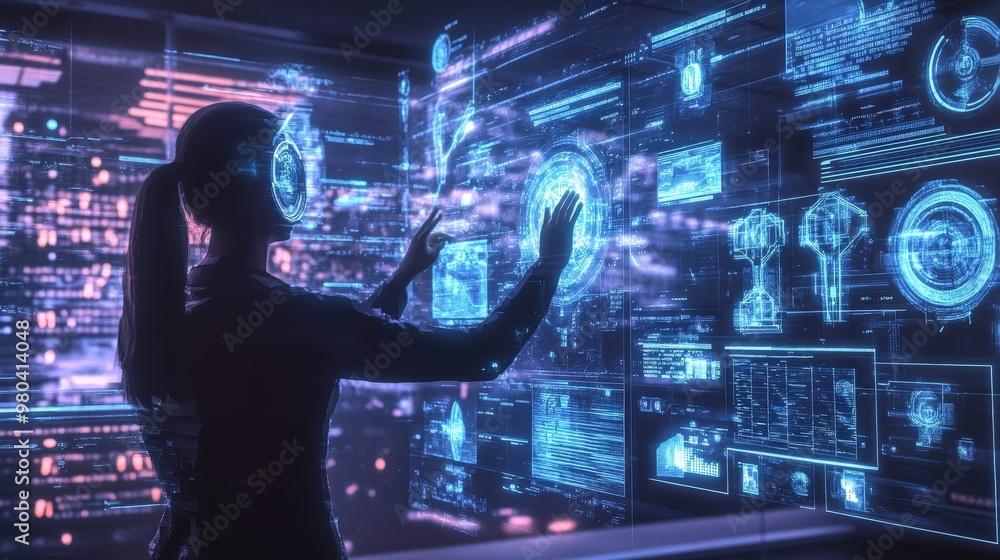 Poster create a scene of futuristic communication technologies