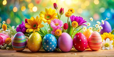 Fototapeta premium Vibrant and colorful Easter eggs and flowers on a bright background, celebrating the joy and new life of
