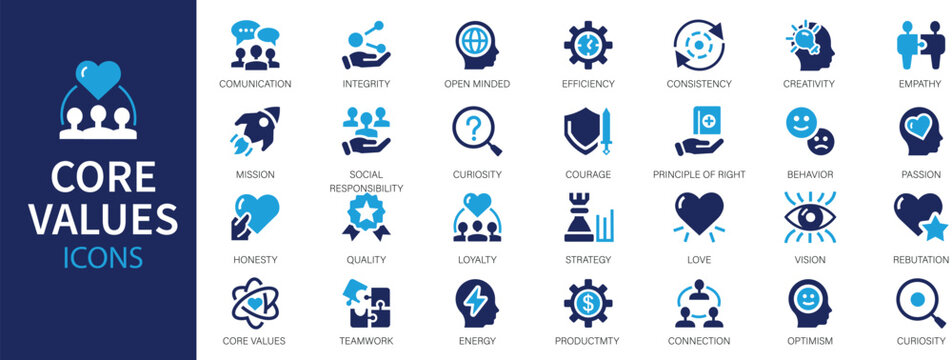 Core values icons set. Performance, passion, love, motivation, empathy, mission, goal, accountability more flat icon.