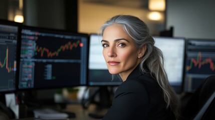 Confident business professional in office with financial data on monitors for corporate success and analysis