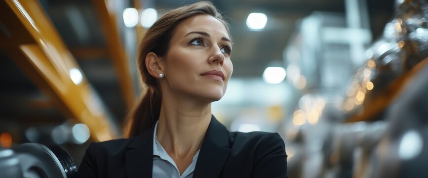 Confident businesswoman navigating futuristic warehouse for stock management and data analysis - Powered by Adobe