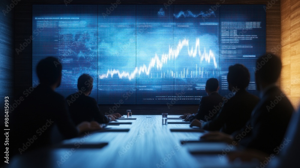 Poster dynamic business presentation in a sleek, high-tech conference room with interactive graphics and vi