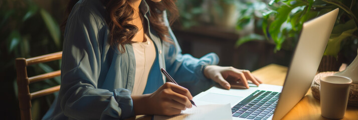 Asian Businesswoman Working Remotely: Laptop Research, Note-Taking - Home Office, Freelancer, Student E-Learning
