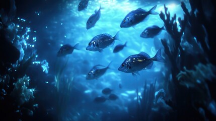 Fototapeta premium serene image of a school of fish swimming in the twilight zone of the ocean.