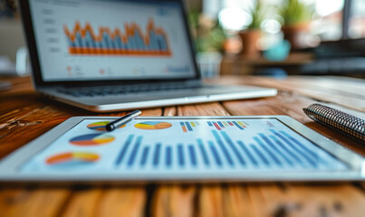 Middle-aged businesswoman plans corporate event via digital tablet, notebook; e-learning, virtual meeting, remote work concept for modern professional