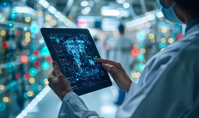 Young African American female doctor analyzing digital medical records on tablet, patient healthcare data management software, innovative healthcare technology