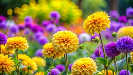 Fototapeta premium Vibrant yellow and purple flowers dance in a garden filled with lush foliage, their petals soft and delicate,