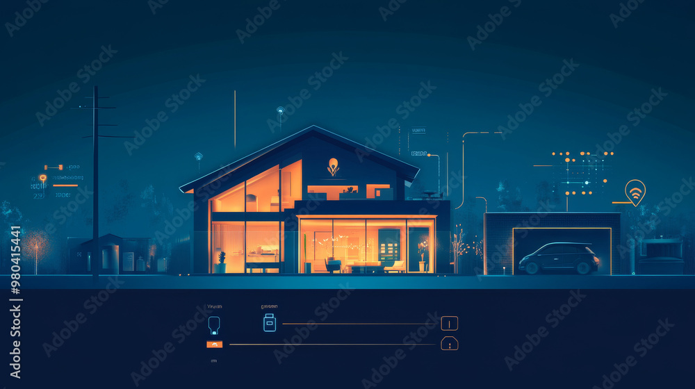 Poster abstract background of a smart home. a smartphone app manages automation through the internet of thi