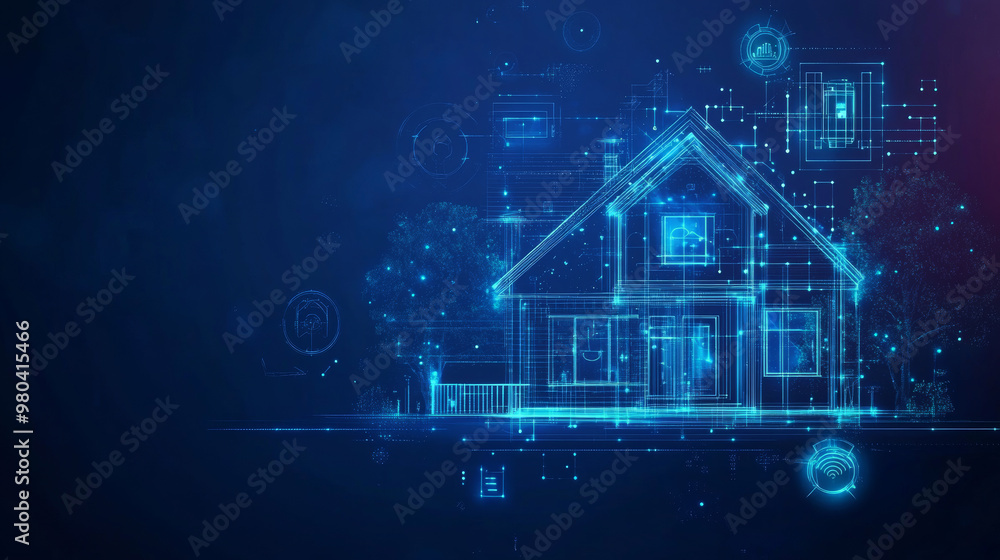 Poster Abstract background of a smart home. A smartphone app manages automation through the Internet of Things (IoT) for an intelligent house. Control systems for appliances operate via a Wi-Fi network.