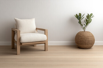 Cozy minimalist chair and decorative plant in a serene interior space during daylight