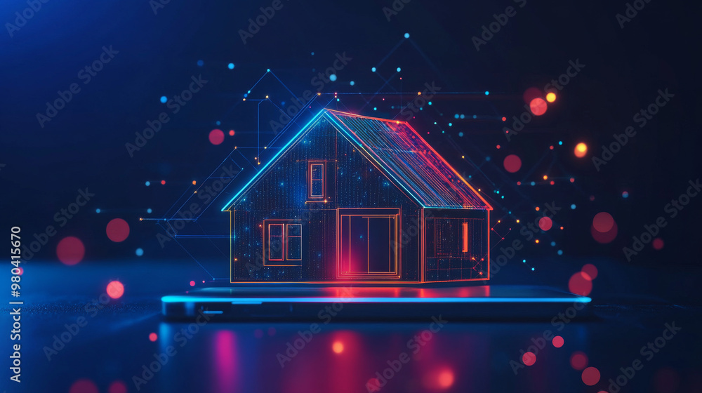 Poster Abstract background of a smart home. A smartphone app manages automation through the Internet of Things (IoT) for an intelligent house. Control systems for appliances operate via a Wi-Fi network.