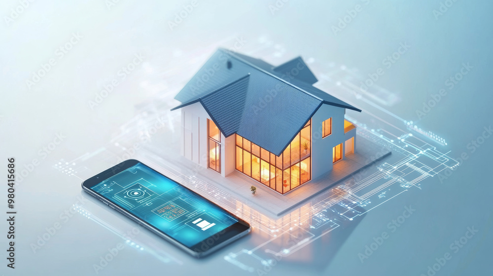 Poster Abstract background of a smart home. A smartphone app manages automation through the Internet of Things (IoT) for an intelligent house. Control systems for appliances operate via a Wi-Fi network.