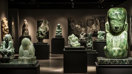 sophisticated display of green jade sculptures in a modern gallery.