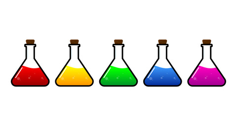 Set of glass bottles. Different color potion flat style on white background. Vector illustration. Design elements for game collection.