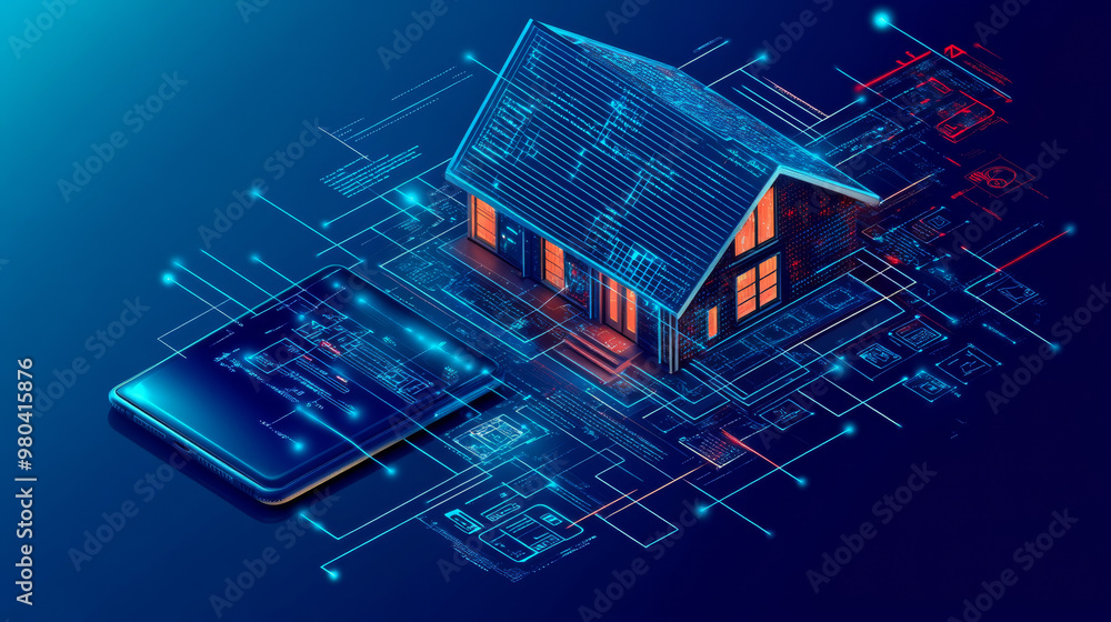 Poster Abstract background of a smart home. A smartphone app manages automation through the Internet of Things (IoT) for an intelligent house. Control systems for appliances operate via a Wi-Fi network.